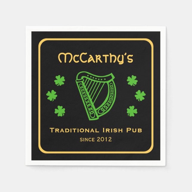 Green shamrock harp custom family name Irish pub Napkins (Front)
