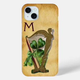 GREEN SHAMROCK HARP PARCHMENT MONOGRAM iPhone 15 PLUS CASE