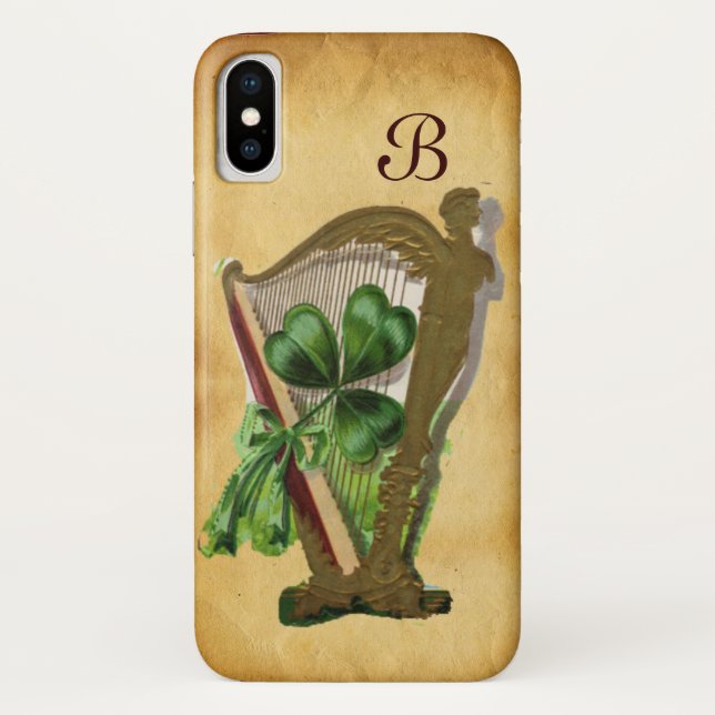 GREEN SHAMROCK HARP PARCHMENT MONOGRAM Case-Mate iPhone CASE (Back)