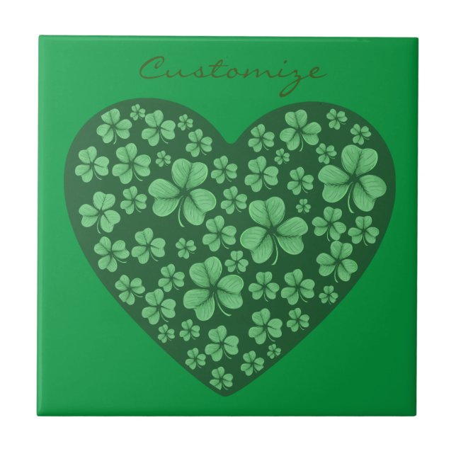 green Shamrock heart St Patrick's Day Ceramic Tile (Front)