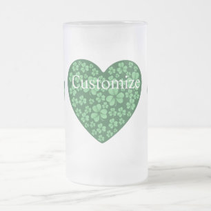 Green Shamrock heart St Patrick's Day Frosted Glass Beer Mug