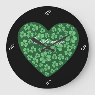 green Shamrock heart St Patrick's Day Large Clock