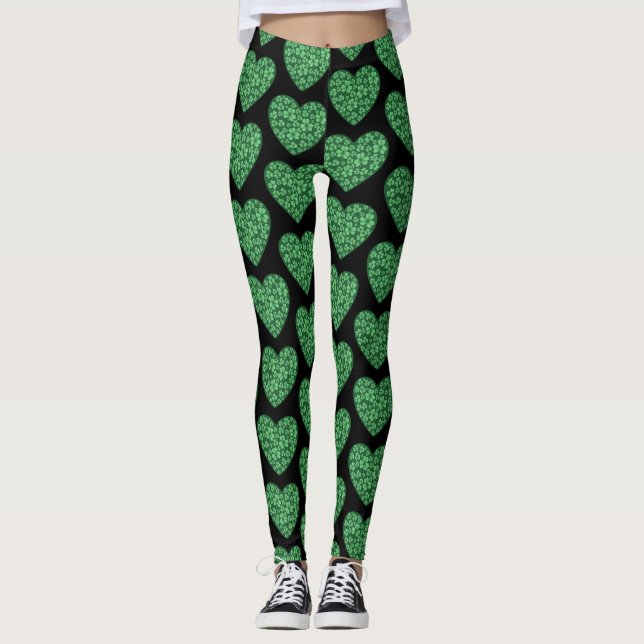 green Shamrock heart St Patrick's Day Leggings (Front)