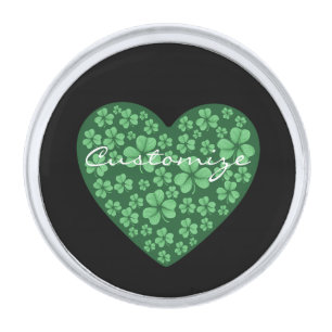 green Shamrock heart St Patrick's Day Silver Finish Lapel Pin