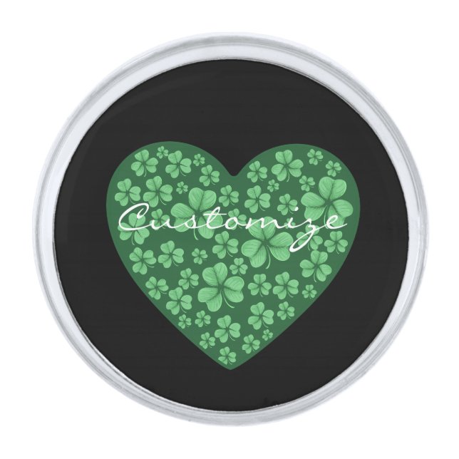 green Shamrock heart St Patrick's Day Silver Finish Lapel Pin (Front)