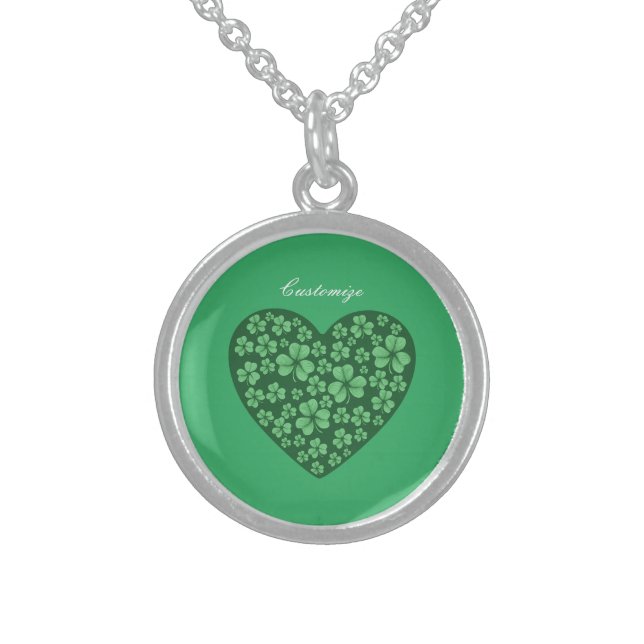green Shamrock heart St Patrick's Day  Sterling Silver Necklace (Front)