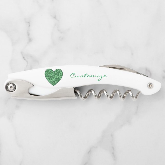 Green Shamrock Heart St Patrick's Day Waiter's Corkscrew (Front)