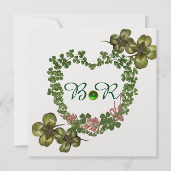 Green Shamrock Hearts With Pink Flowers Monogram Announcement by AiLartworks at Zazzle