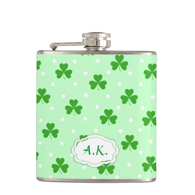 Green shamrock Irish St. Patrick's day pattern Hip Flask (Front)