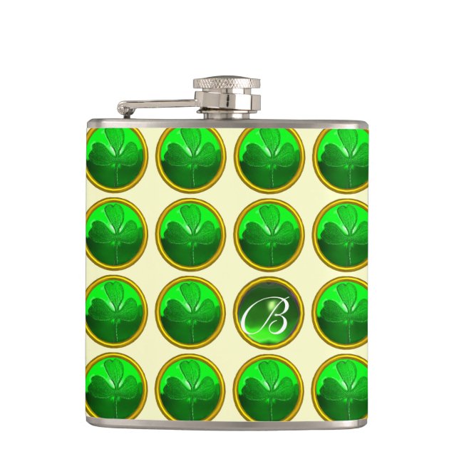 GREEN SHAMROCK JEWEL Saint Patrick's Day Monogram Flask (Front)