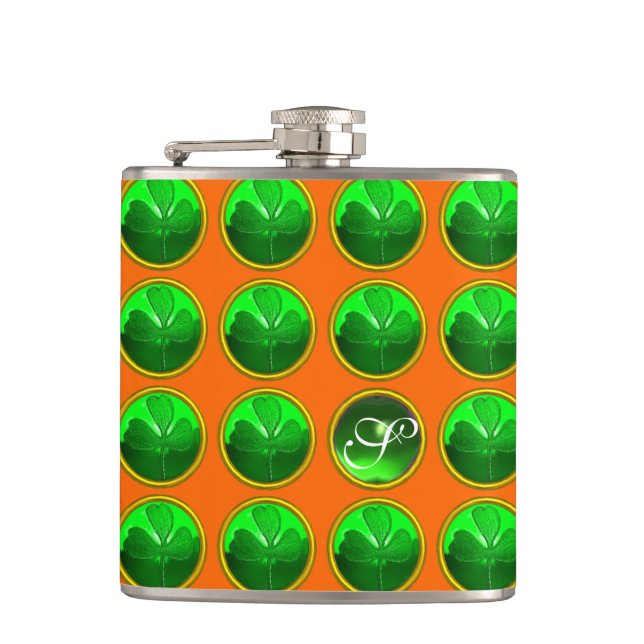 GREEN SHAMROCK JEWEL Saint Patrick's Day Monogram Flask (Front)