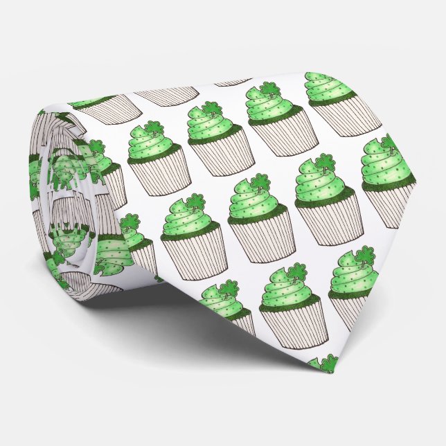 Green Shamrock Lucky Cupcakes St. Patrick's Day Neck Tie (Rolled)
