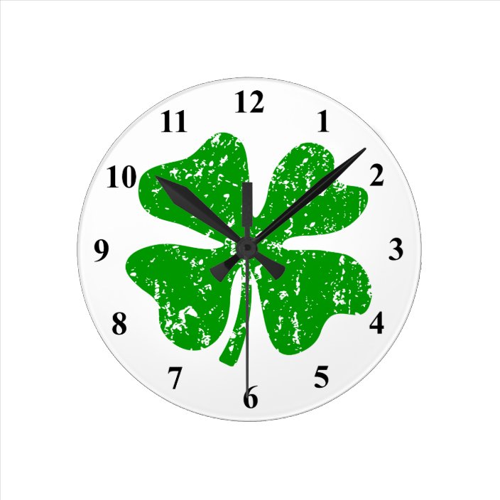 Green shamrock lucky four leaf clover wall clock