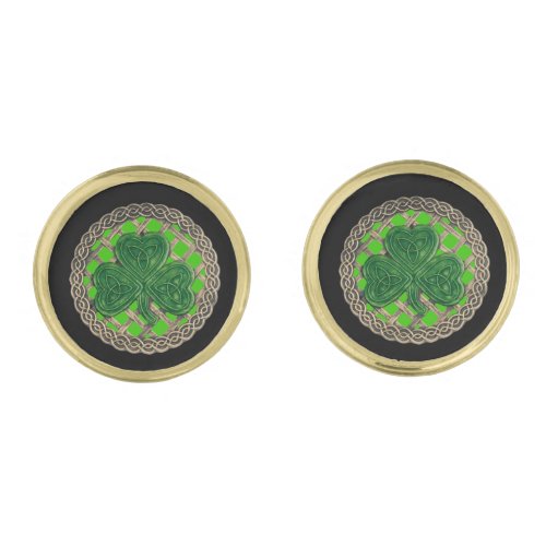 Green Shamrock On Celtic Knots Cufflinks