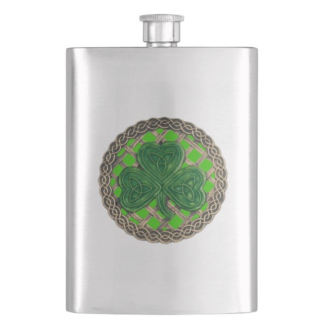 Green Shamrock On Celtic Knots Flask (Front)