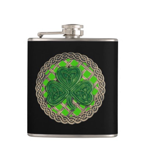 Green Shamrock On Celtic Knots Flask