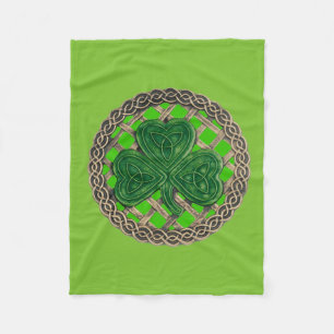 Green Shamrock On Celtic Knots Fleece Blanket