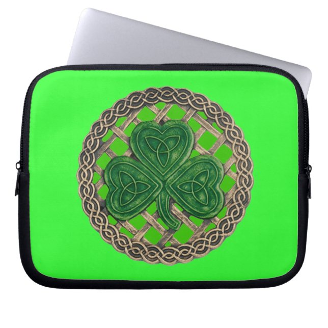 Green Shamrock On Celtic Knots Laptop Sleeve (Front)