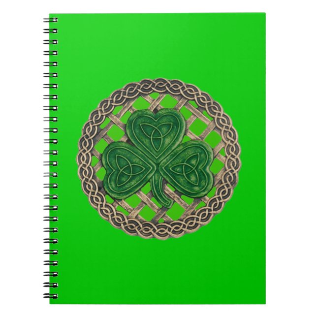 Green Shamrock On Celtic Knots Spiral Notebook (Front)