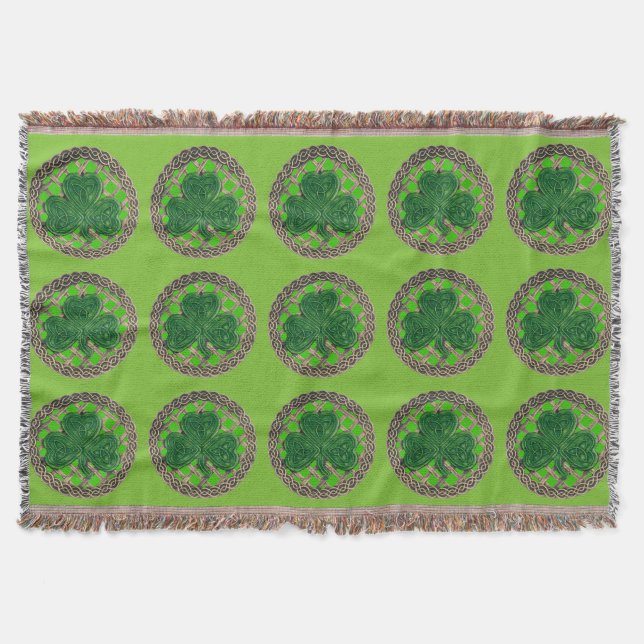 Green Shamrock On Celtic Knots Throw Blanket (Front)