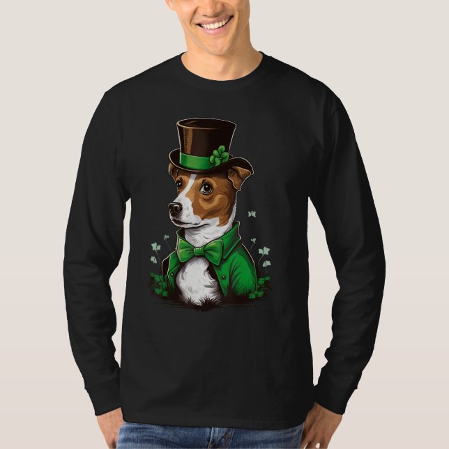 Green shamrock on St Patricks Day Jack Russell Ter T-Shirt (Front)