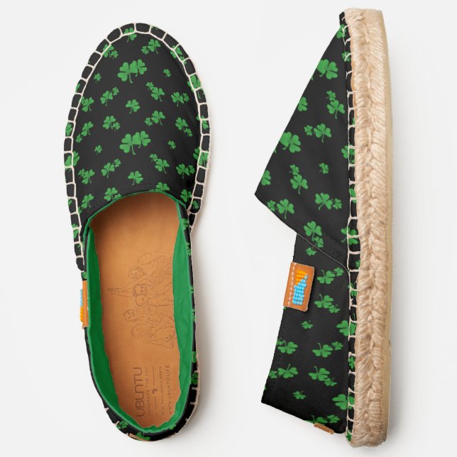 Green Shamrock Pattern on Black Espadrilles (Side)