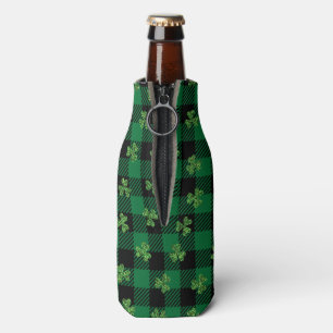 Green Shamrock Pattern on Checkered Background Bottle Cooler