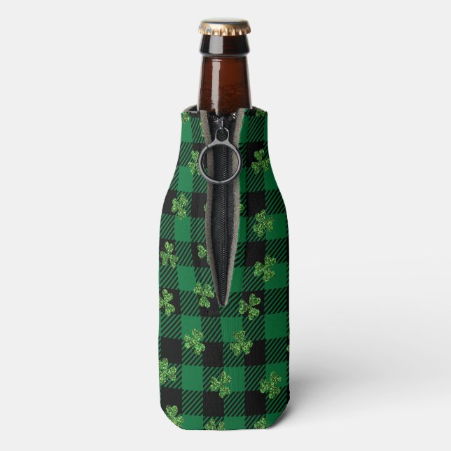Green Shamrock Pattern on Checkered Background Bottle Cooler (Bottle Back)