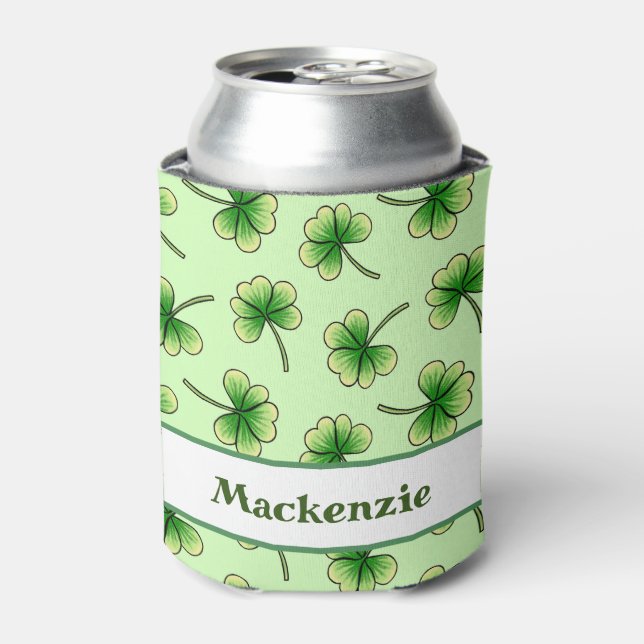 Green Shamrock Pattern St Patricks Day Can Cooler (Can Front)