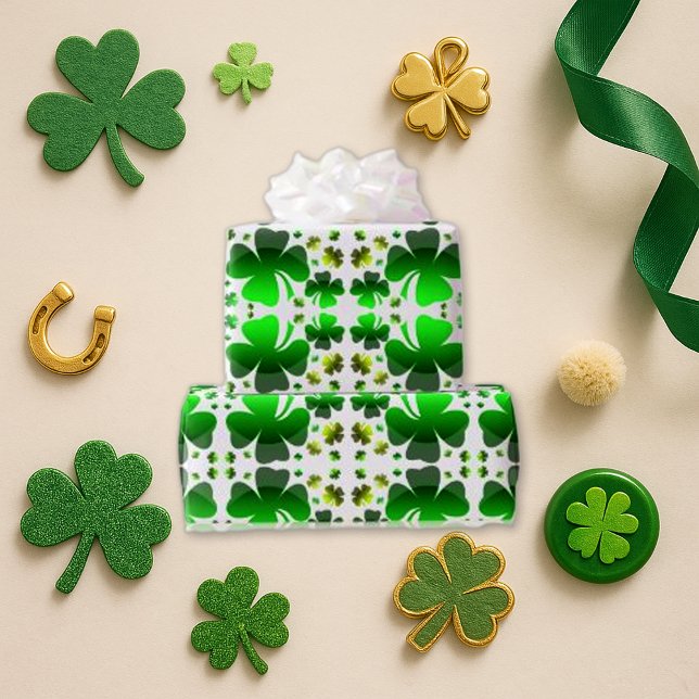 Green Shamrock Pattern White Wrapping Paper (Creator Uploaded)
