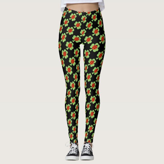 Green Shamrock Polka dot Ladybug St. Patrick's Day Leggings (Front)