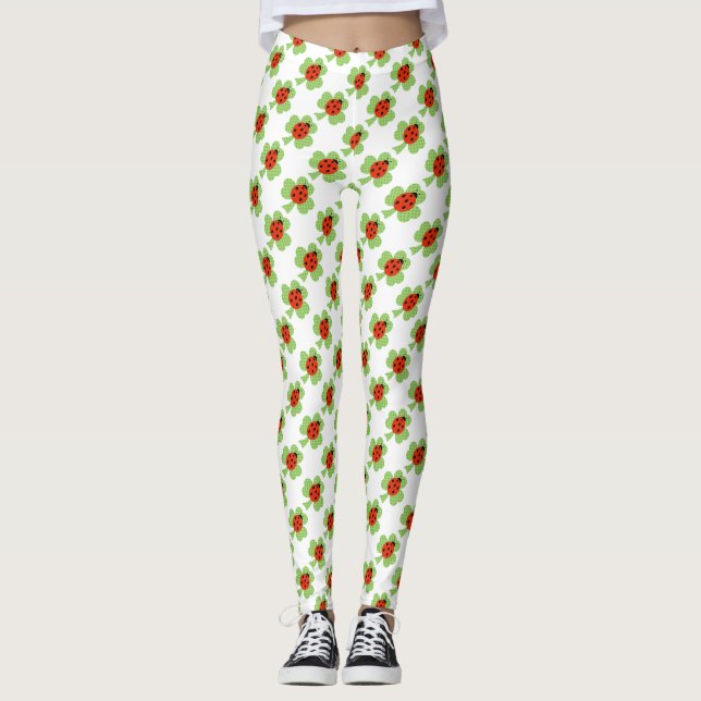 Green Shamrock Polka dot Ladybug St. Patrick's Day Leggings (Front)