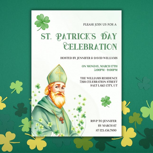 Green Shamrock & Saint Religious St Patricks Day Invitation (Religious St. Patrick's Day Celebration Invitation – Shamrock & Saint Theme)