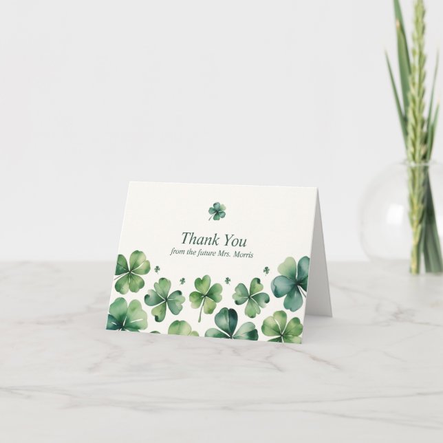 Green Shamrock St. Patrick's Day Bridal Shower Thank You Card (Front)