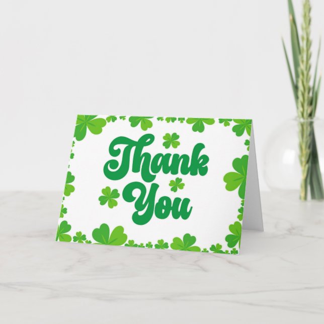 Green Shamrock St Patrick's Day Four Leaf Clover Thank You Card (Front)