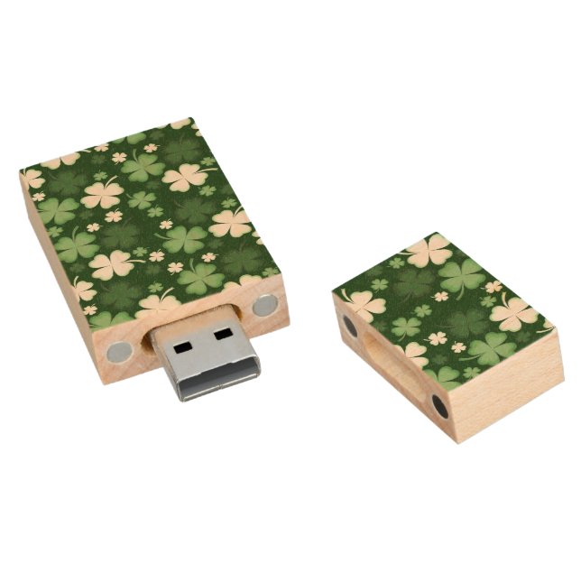 Green Shamrock, St. Patrick's Day Wood Flash Drive (Angled)