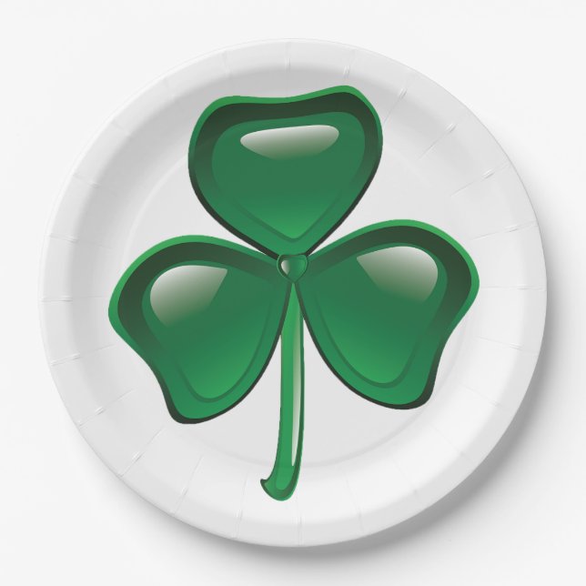 Green Shamrock Three-Leaf Clover Paper Plates (Front)