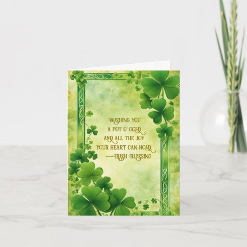 Green Shamrocks and Green Frame with Celtic Knots Holiday Card