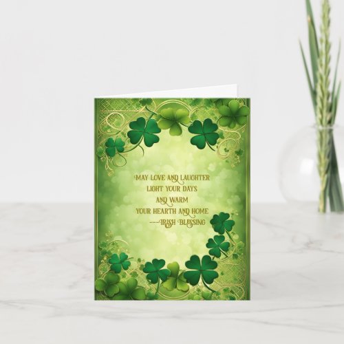 Green Shamrocks and Lacy Gold Frame Holiday Card