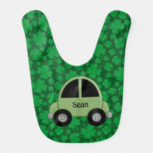 Green Shamrocks and Monogrammed Car St Patricks  Baby Bib