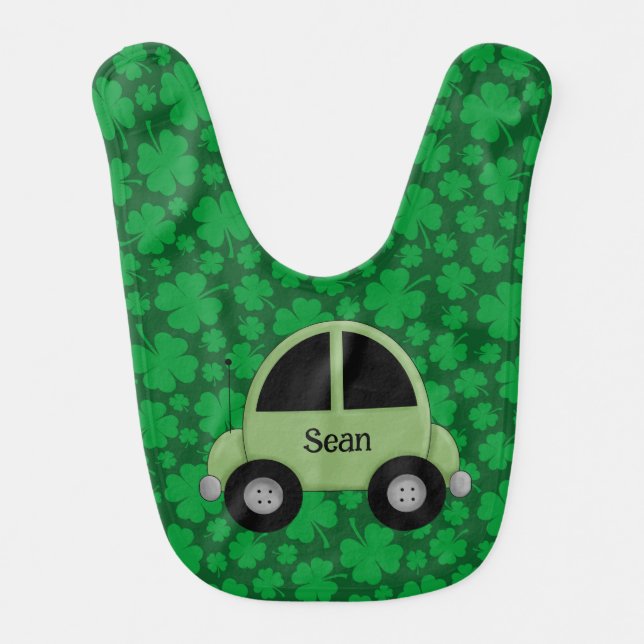 Green Shamrocks and Monogrammed Car St Patricks  Baby Bib (Front)