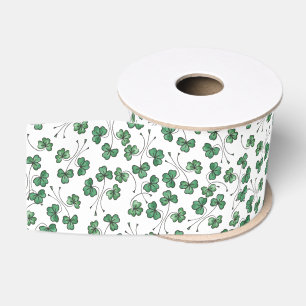 Green Shamrocks Ditsy Pattern on White Ribbon
