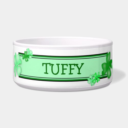 Green Shamrocks Dog Food Bowl With Name Template