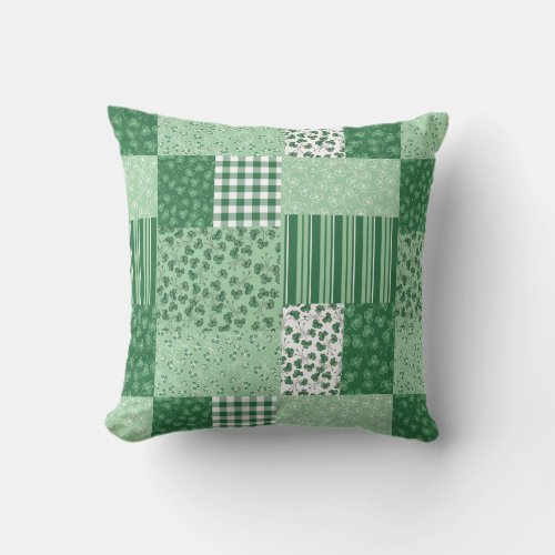 Green Shamrocks Faux Patchwork Pattern Pillow