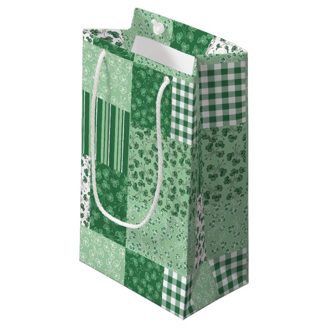 Green Shamrocks Faux Patchwork Small Gift Bag (Front Angled)