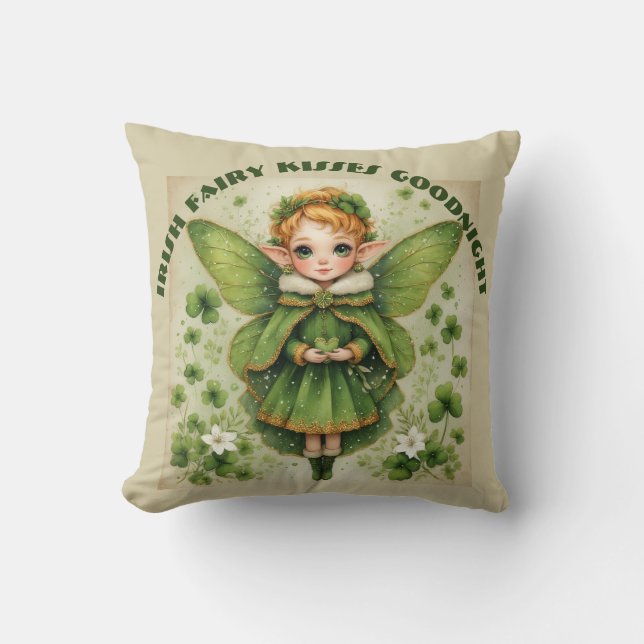 Green Shamrocks Irish Fairy Kisses Goodnight Baby Throw Pillow (Front)