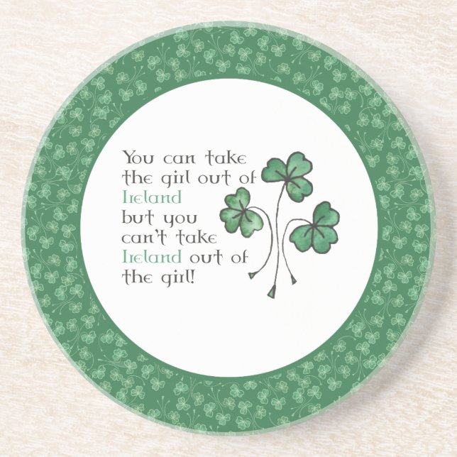 Green Shamrocks Irish Girl 'Quote Sandstone Coaste Drink Coaster (Front)