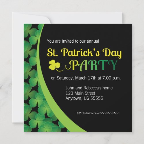 Green Shamrocks on Black St Patricks Day Party Invitation