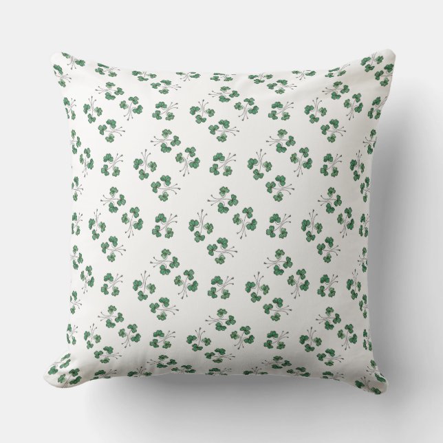 Green Shamrocks Pattern on White Pillow or Cushion (Front)