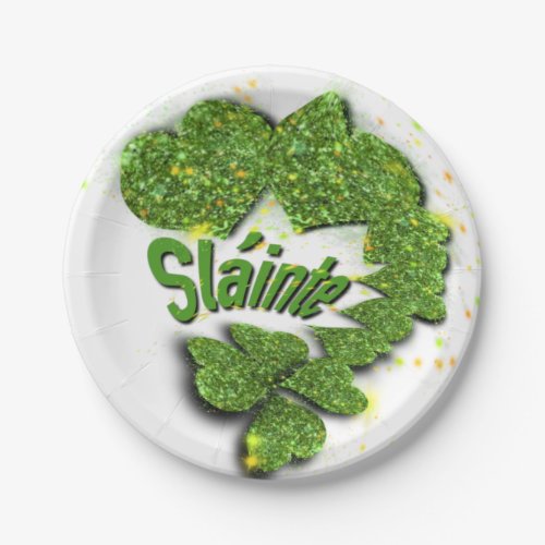 Green Shamrocks  sparkling hearts Shainte Paper Plates